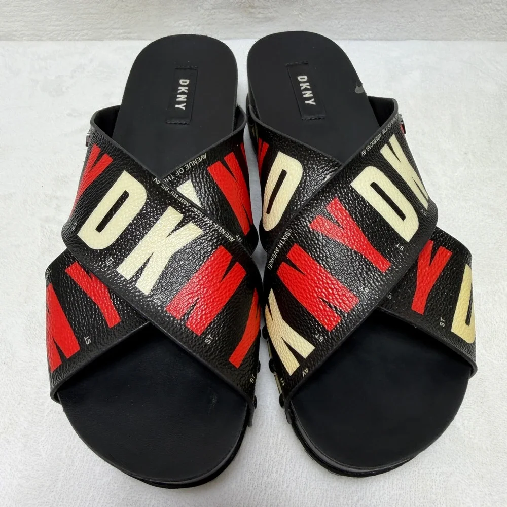 DKNY Womens Platform Slide Sandals Black Red White Crisscross Straps Studded
